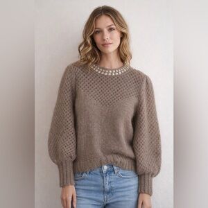 Hand Knit Mohair Style Sweater Honeycomb Knit Balloon Sleeve Boho Cottagecore